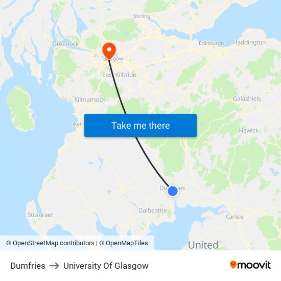 Dumfries to University Of Glasgow map