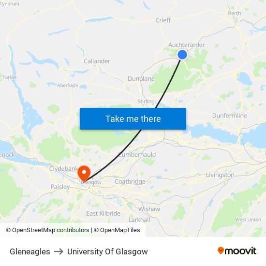 Gleneagles to University Of Glasgow map