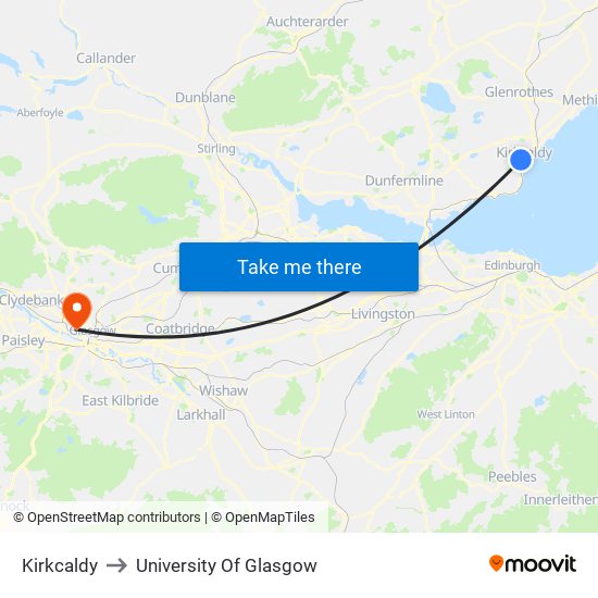 Kirkcaldy to University Of Glasgow map