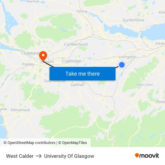West Calder to University Of Glasgow map