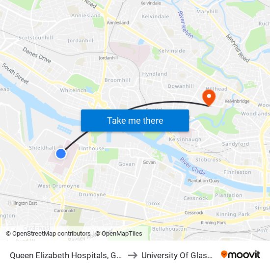 Queen Elizabeth Hospitals, Govan to University Of Glasgow map