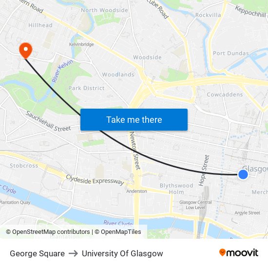 George Square to University Of Glasgow map