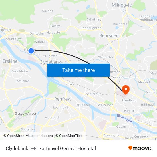 Clydebank to Gartnavel General Hospital map