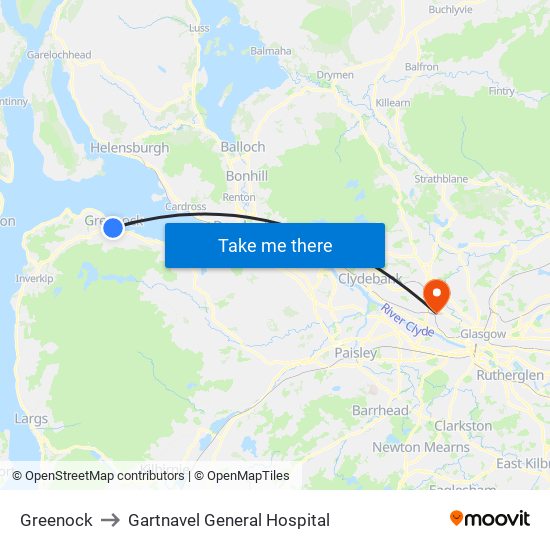 Greenock to Gartnavel General Hospital map