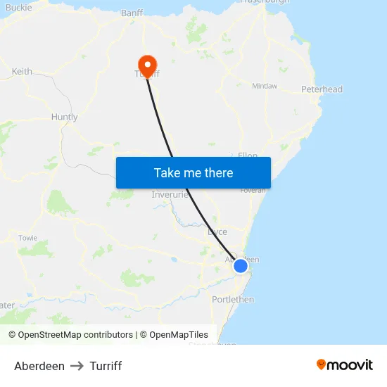 Aberdeen to Turriff map