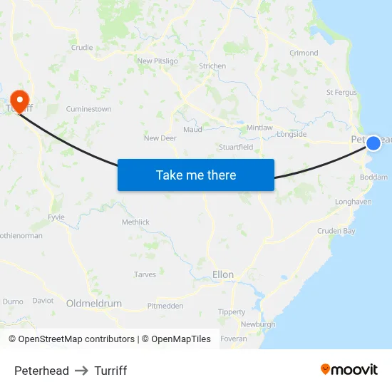 Peterhead to Turriff map