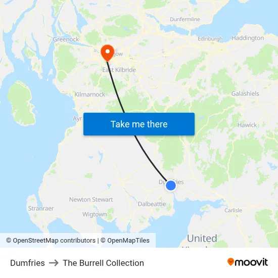 Dumfries to The Burrell Collection map