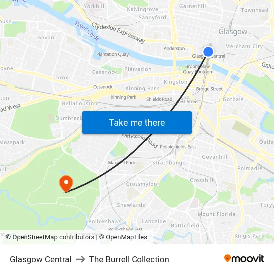Glasgow Central to The Burrell Collection map