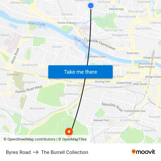 Byres Road to The Burrell Collection map