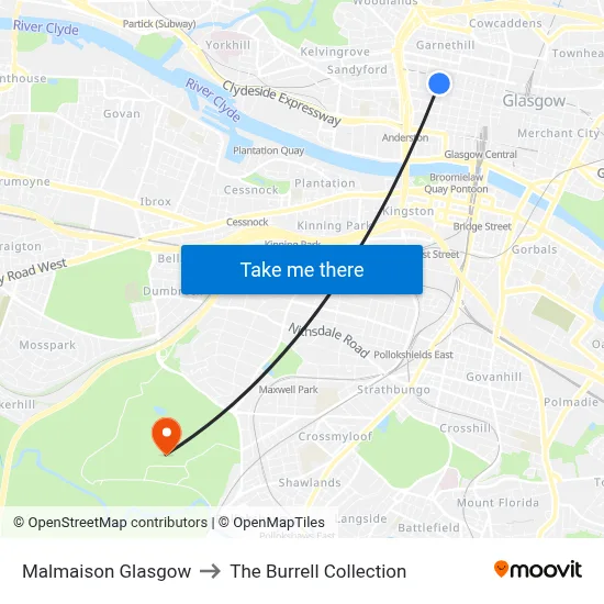 Malmaison Glasgow to The Burrell Collection map