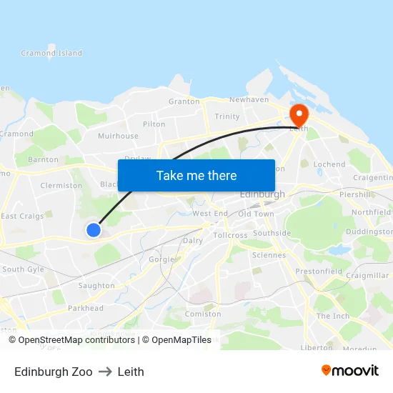 Edinburgh Zoo to Leith map
