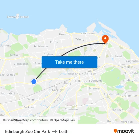 Edinburgh Zoo Car Park to Leith map