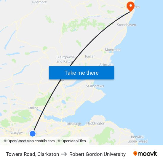Towers Road, Clarkston to Robert Gordon University map