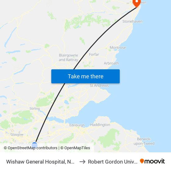 Wishaw General Hospital, Netherton to Robert Gordon University map