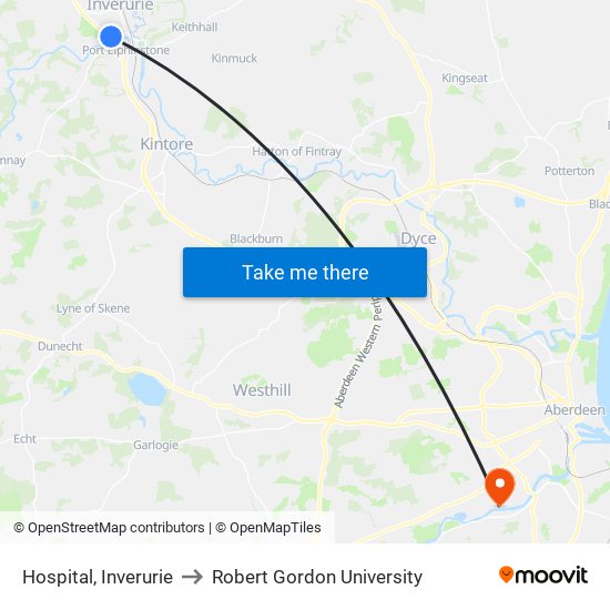 Hospital, Inverurie to Robert Gordon University map