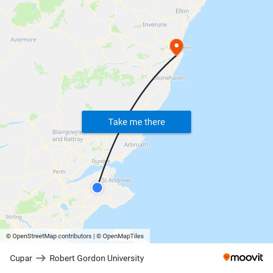 Cupar to Robert Gordon University map