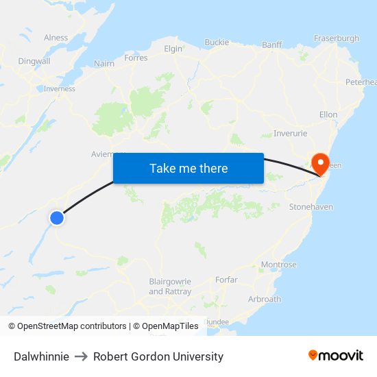 Dalwhinnie to Robert Gordon University map
