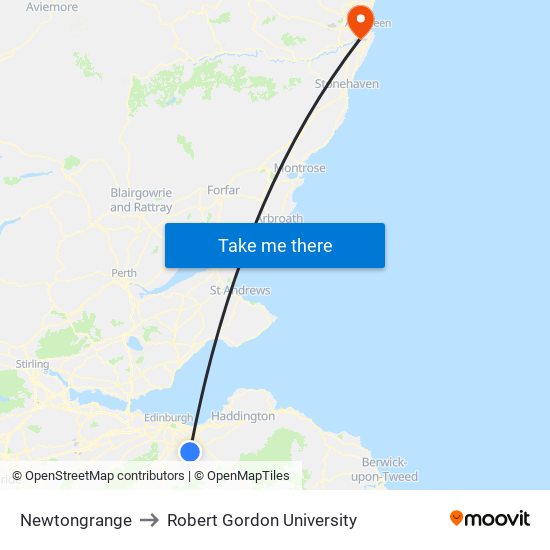 Newtongrange to Robert Gordon University map