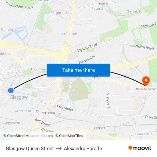 Glasgow Queen Street to Alexandra Parade map
