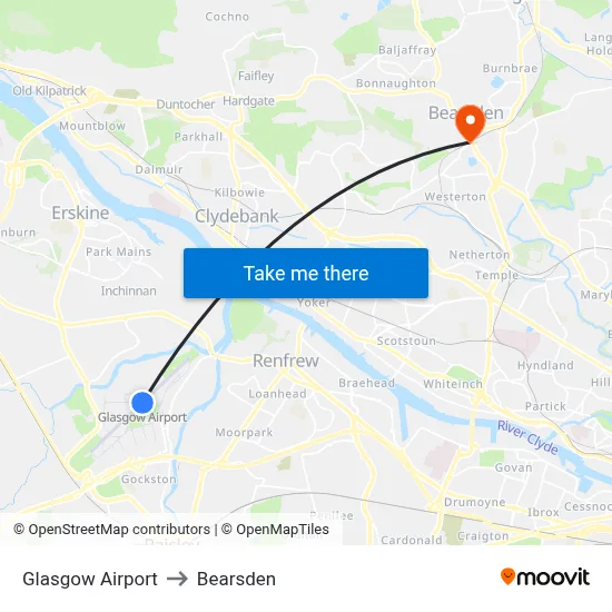 Glasgow Airport to Bearsden map