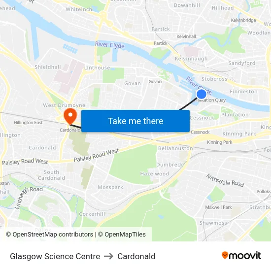 Glasgow Science Centre to Cardonald map