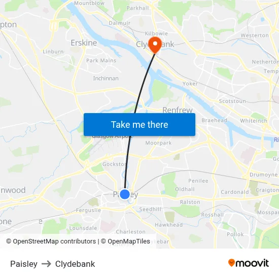 Paisley to Clydebank map