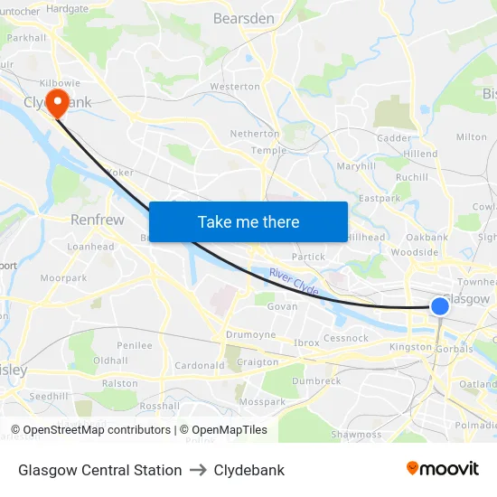 Glasgow Central Station to Clydebank map