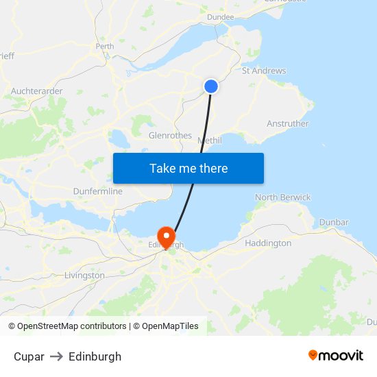 Cupar to Edinburgh map
