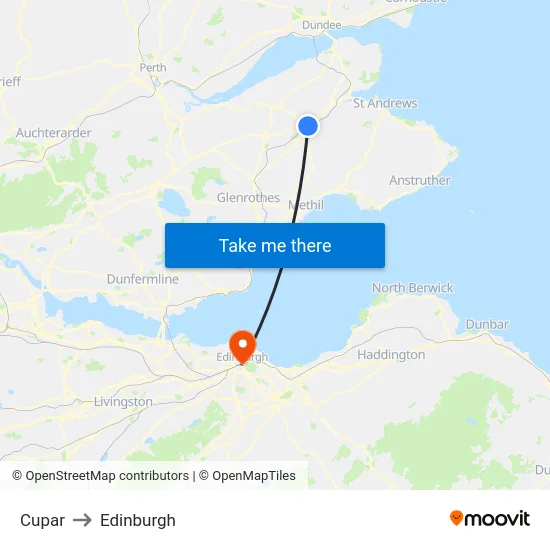 Cupar to Edinburgh map