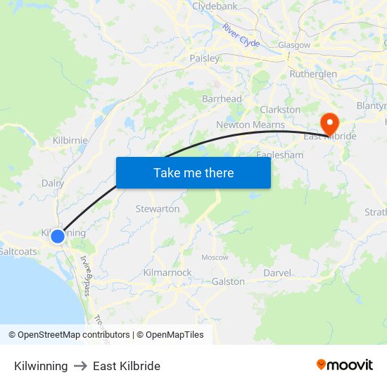 Kilwinning to East Kilbride map
