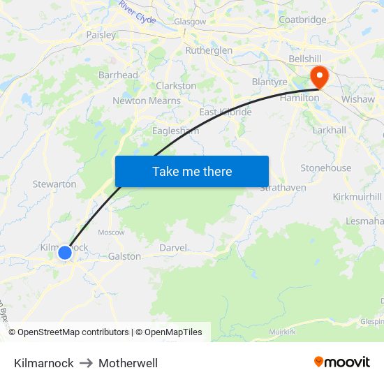 Kilmarnock to Motherwell map