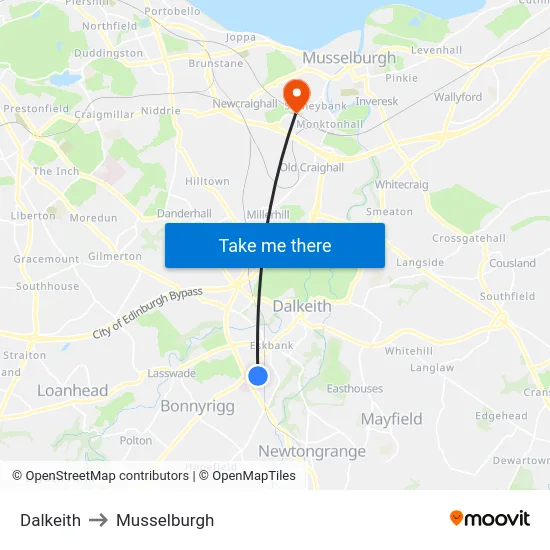 Dalkeith to Musselburgh map
