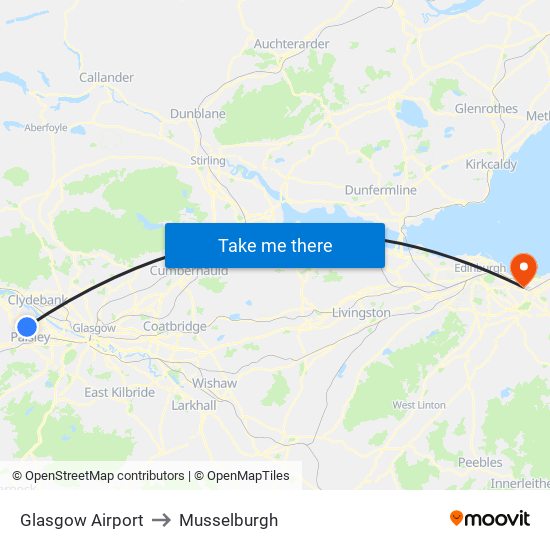 Glasgow Airport to Musselburgh map