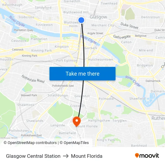 Glasgow Central Station to Mount Florida map