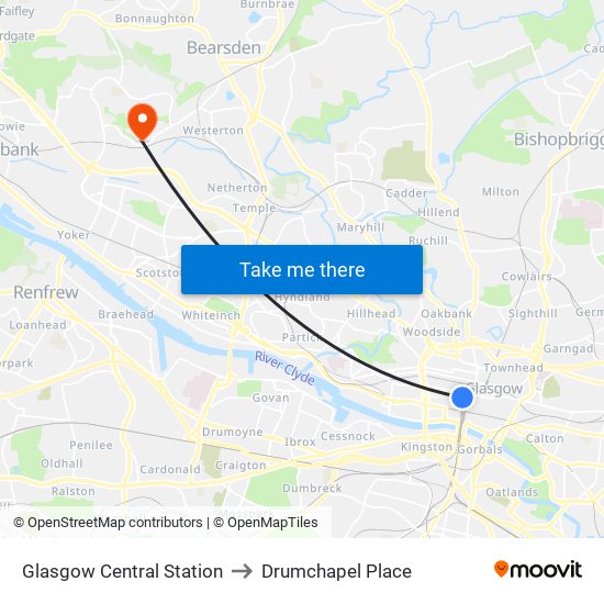 Glasgow Central Station to Drumchapel Place map