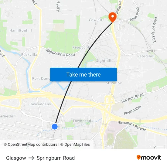 Glasgow to Springburn Road map