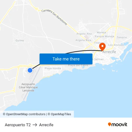 Aeropuerto T2 to Arrecife map