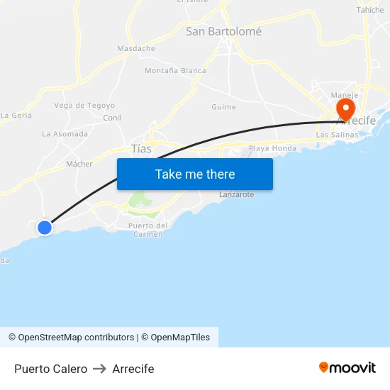Puerto Calero to Arrecife map