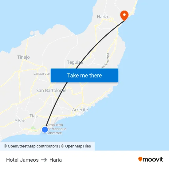 Hotel Jameos to Haría map