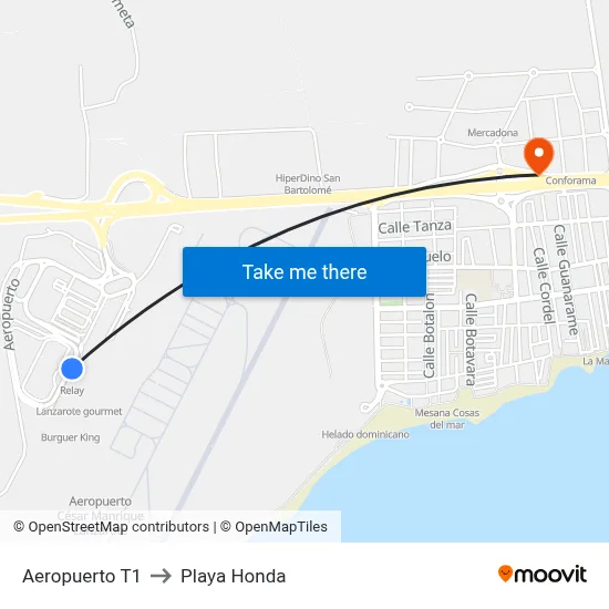 Aeropuerto T1 to Playa Honda map