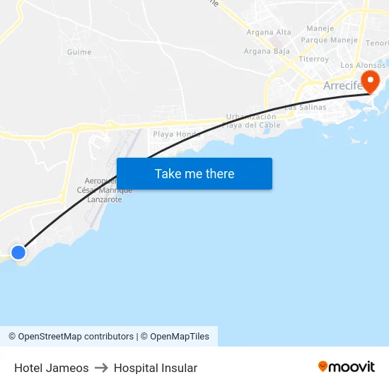 Hotel Jameos to Hospital Insular map