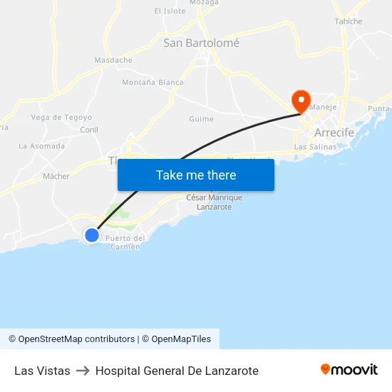 Las Vistas to Hospital General De Lanzarote map