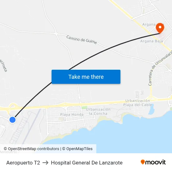 Aeropuerto T2 to Hospital General De Lanzarote map