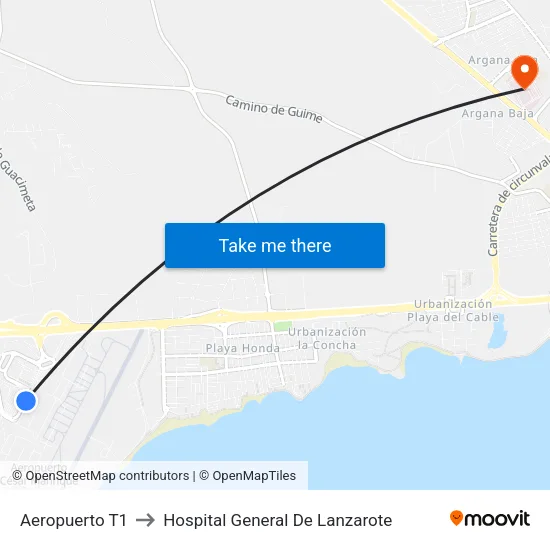 Aeropuerto T1 to Hospital General De Lanzarote map