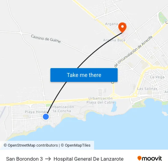 San Borondon 3 to Hospital General De Lanzarote map