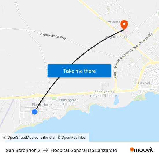 San Borondón 2 to Hospital General De Lanzarote map
