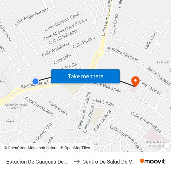 Estación De Guaguas De Arrecife to Centro De Salud De Valterra map