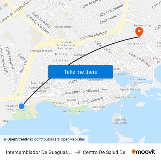 Intercambiador De Guaguas De Arrecife to Centro De Salud De Valterra map