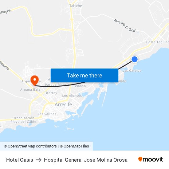 Hotel Oasis to Hospital General Jose Molina Orosa map