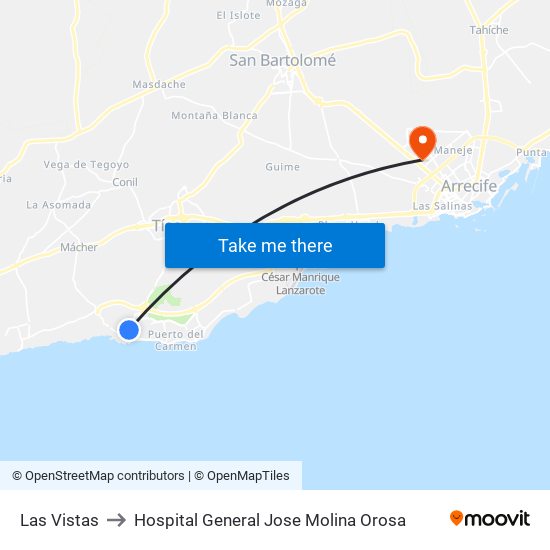 Las Vistas to Hospital General Jose Molina Orosa map